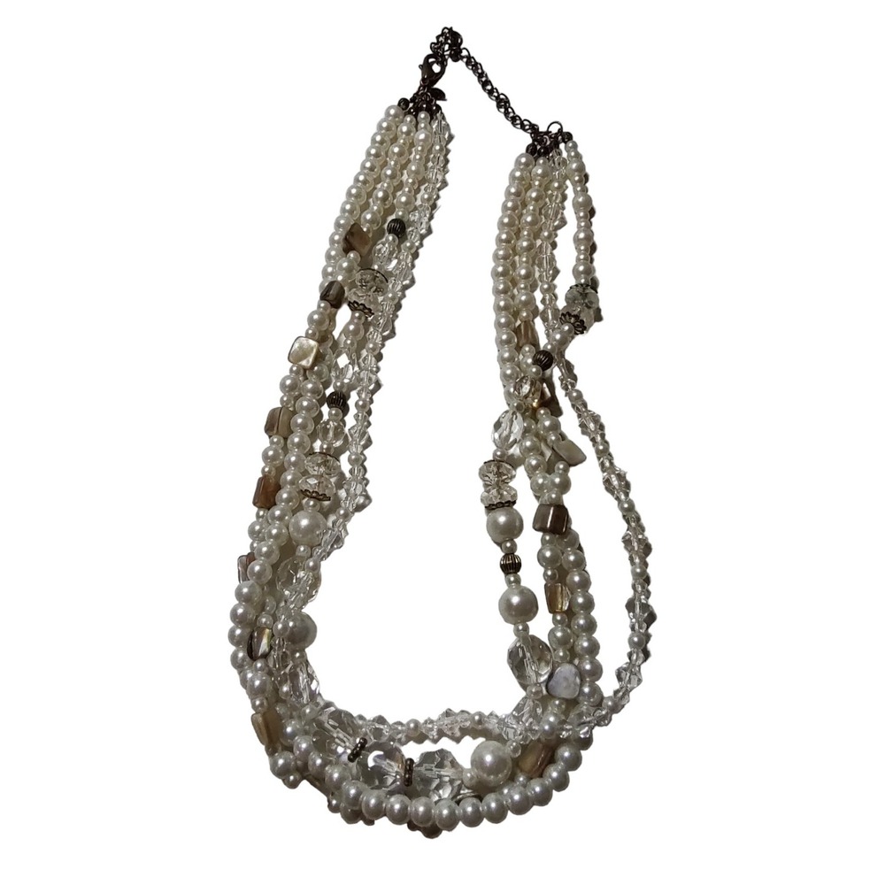 Premier Designs Necklace Multi Strand Layered White‎ Faux Pearl Crystal Beads
